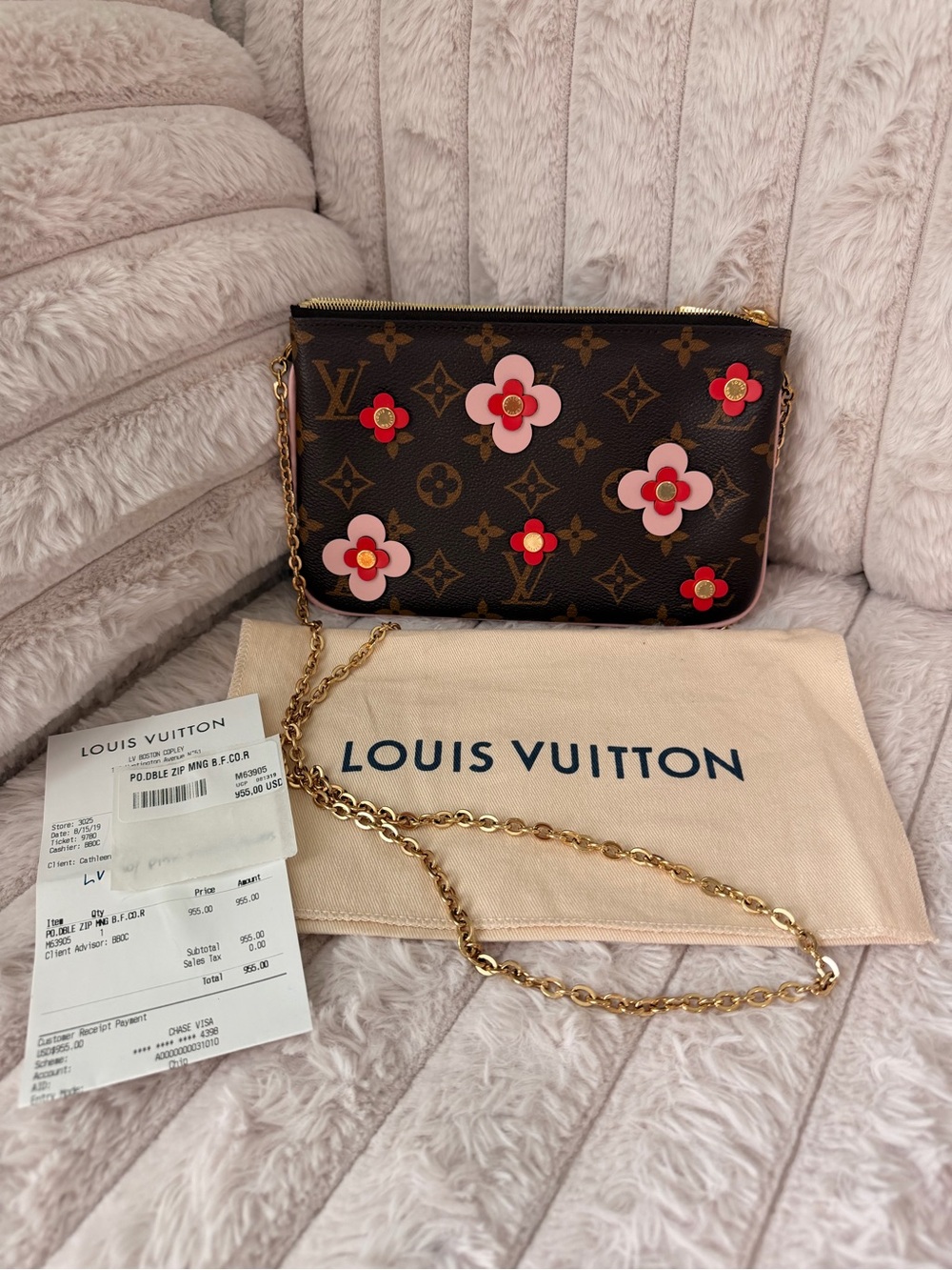 Louis Vuitton Double Zip Pochette Monogram Crossbody Pink Red Floral Appliqués